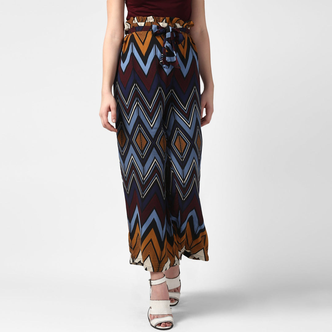 Women's MultiColour Chevron Print Paperbag Pants with elasticated waistband - StyleStone