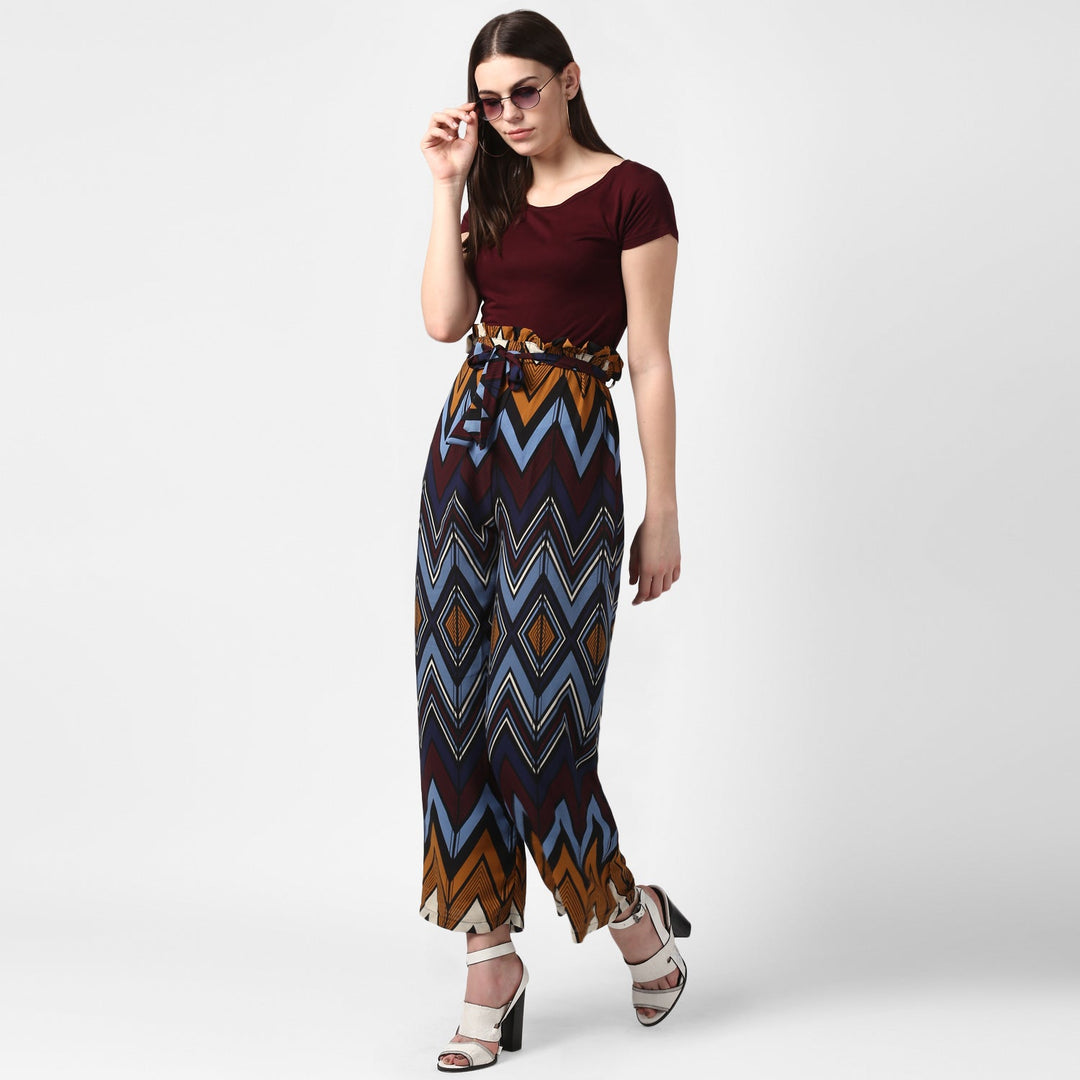 Women's MultiColour Chevron Print Paperbag Pants with elasticated waistband - StyleStone