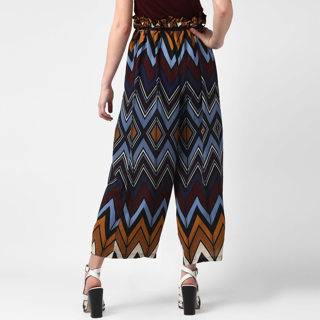 Women's MultiColour Chevron Print Paperbag Pants with elasticated waistband - StyleStone