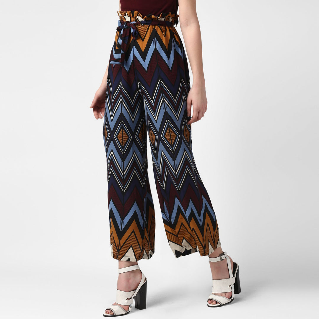 Women's MultiColour Chevron Print Paperbag Pants with elasticated waistband - StyleStone