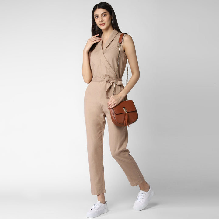 Women's Cotton Linen Beige Jumpsuit - StyleStone