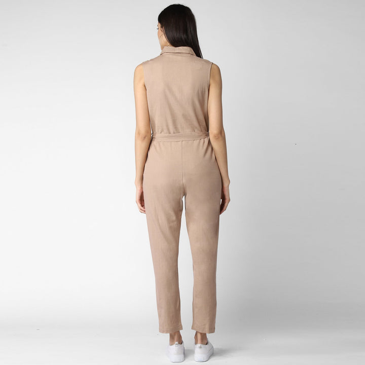 Women's Cotton Linen Beige Jumpsuit - StyleStone