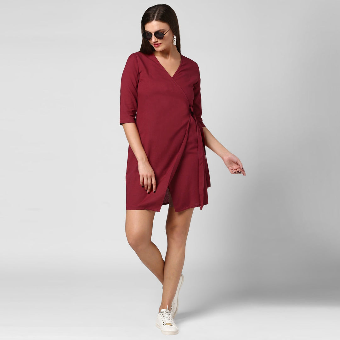 Women's Maroon Cotton Linen Wrap Dress - StyleStone