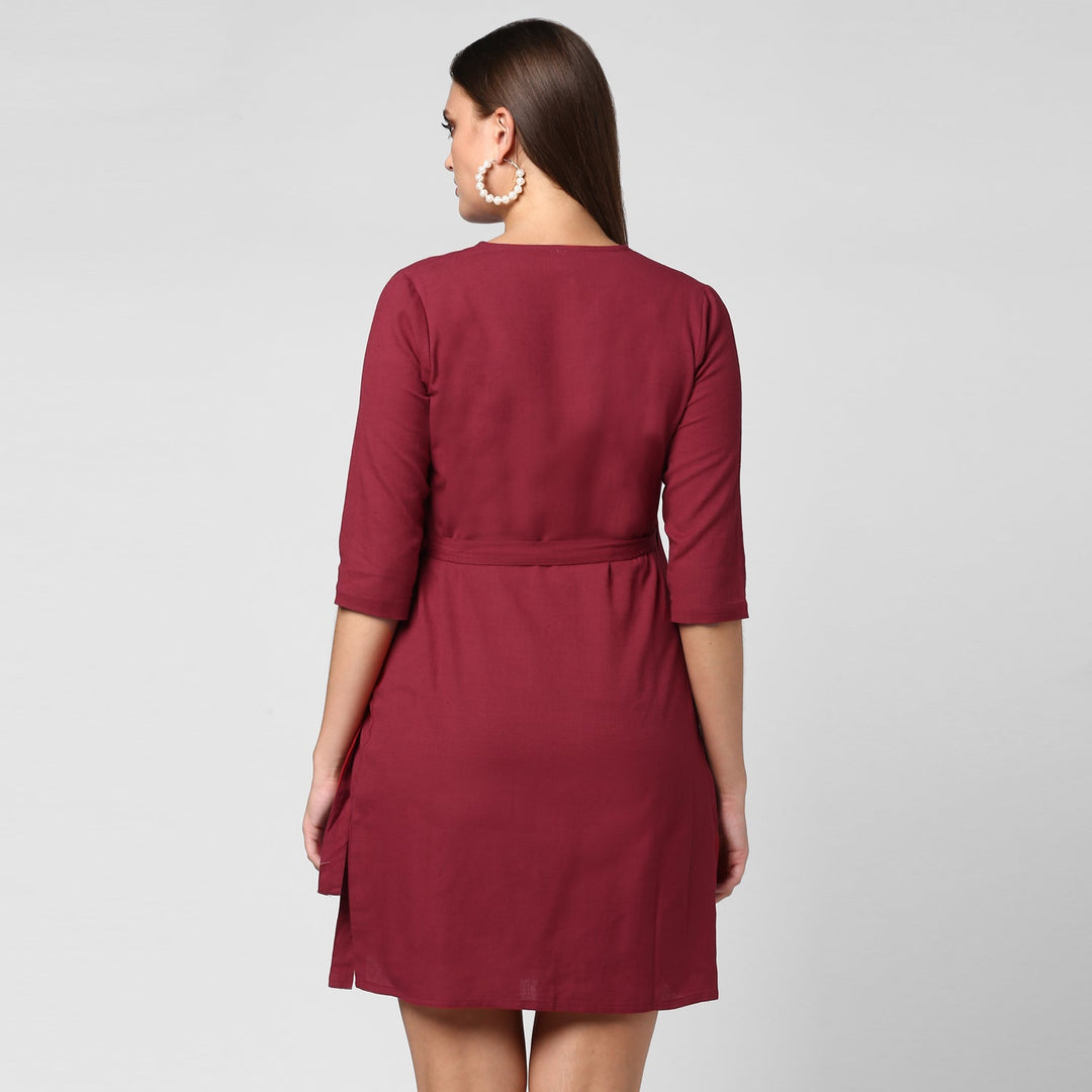 Women's Maroon Cotton Linen Wrap Dress - StyleStone