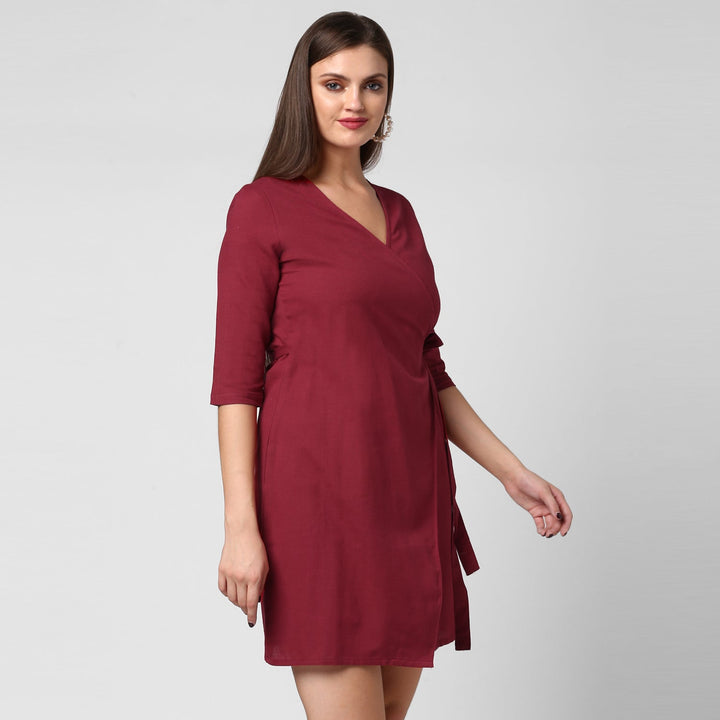 Women's Maroon Cotton Linen Wrap Dress - StyleStone