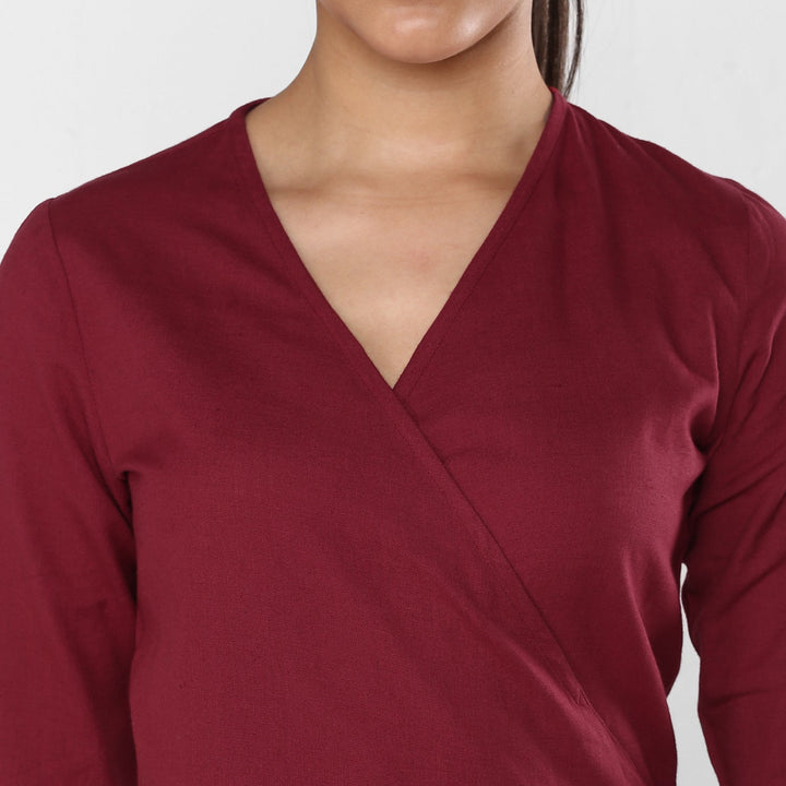 Women's Maroon Cotton Linen Wrap Dress - StyleStone