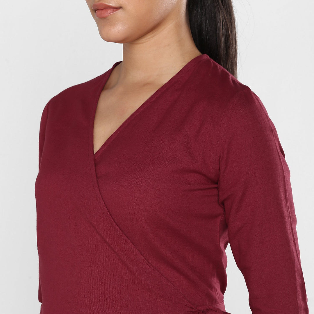 Women's Maroon Cotton Linen Wrap Dress - StyleStone