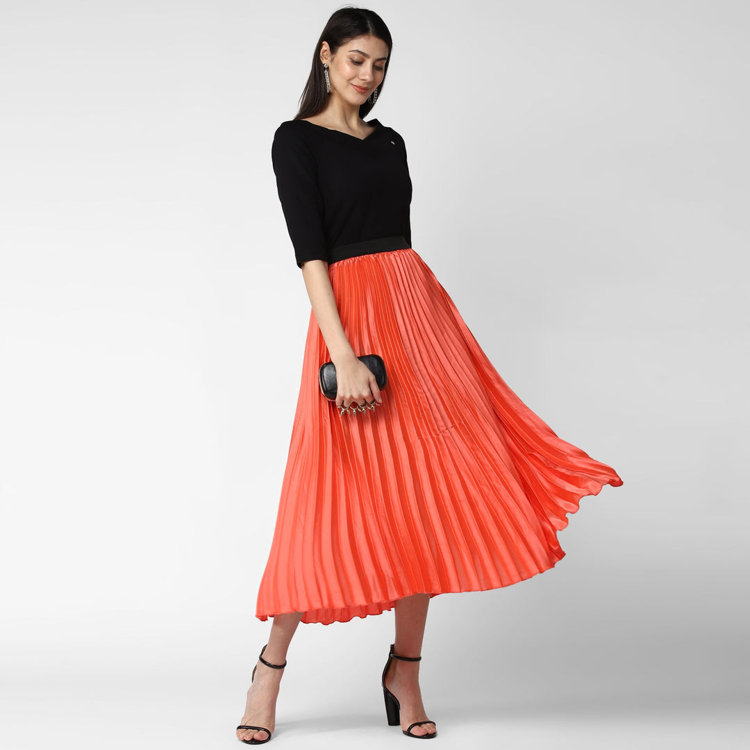 Women's Coral Satin Pleated Skirt - StyleStone