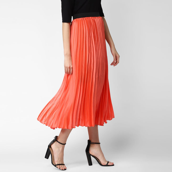 Women's Coral Satin Pleated Skirt - StyleStone