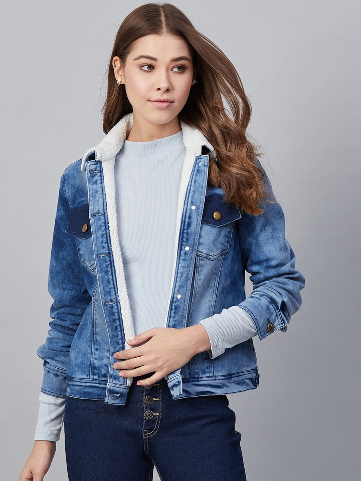 Women's Denim Jacket with Soft Warm Faux Fur Lining inside & Washed Pocket effect - StyleStone