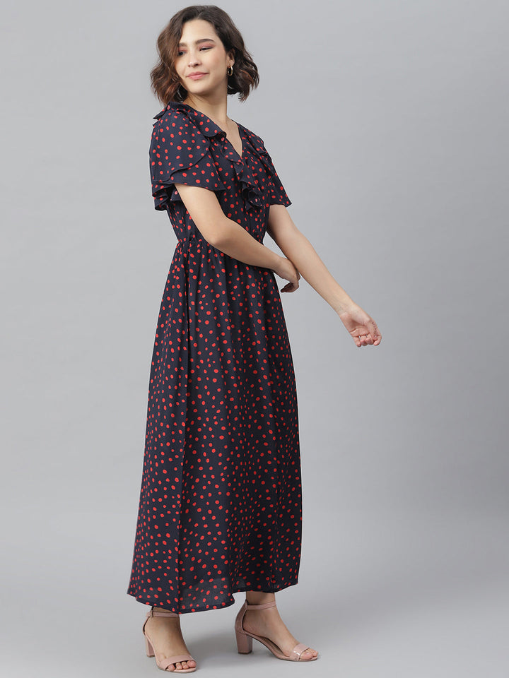 Women's Navy & Red Polka Ruffle Maxi dress - StyleStone