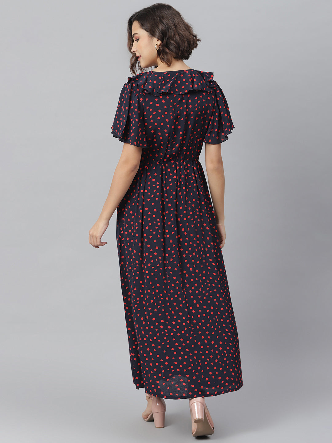 Women's Navy & Red Polka Ruffle Maxi dress - StyleStone