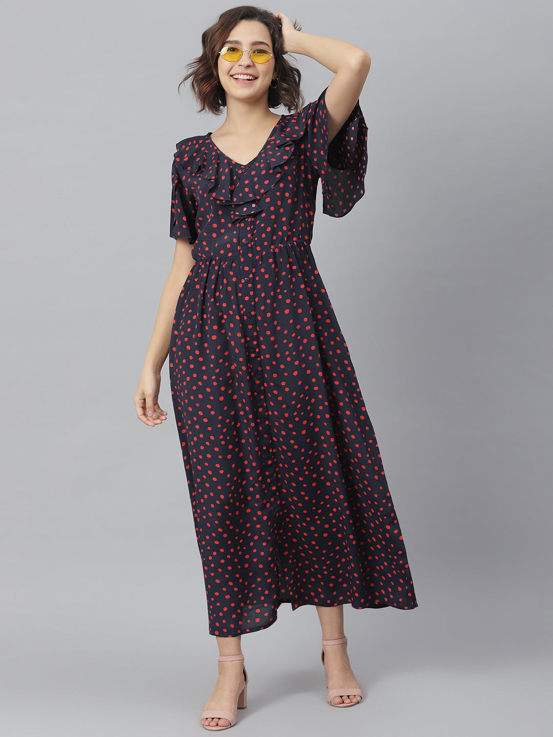 Women's Navy & Red Polka Ruffle Maxi dress - StyleStone