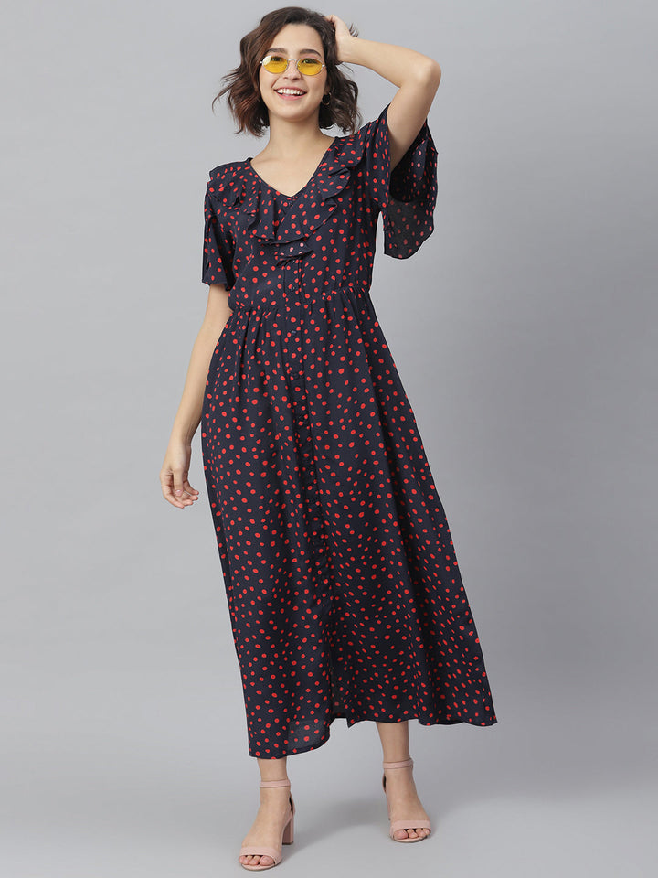 Women's Navy & Red Polka Ruffle Maxi dress - StyleStone