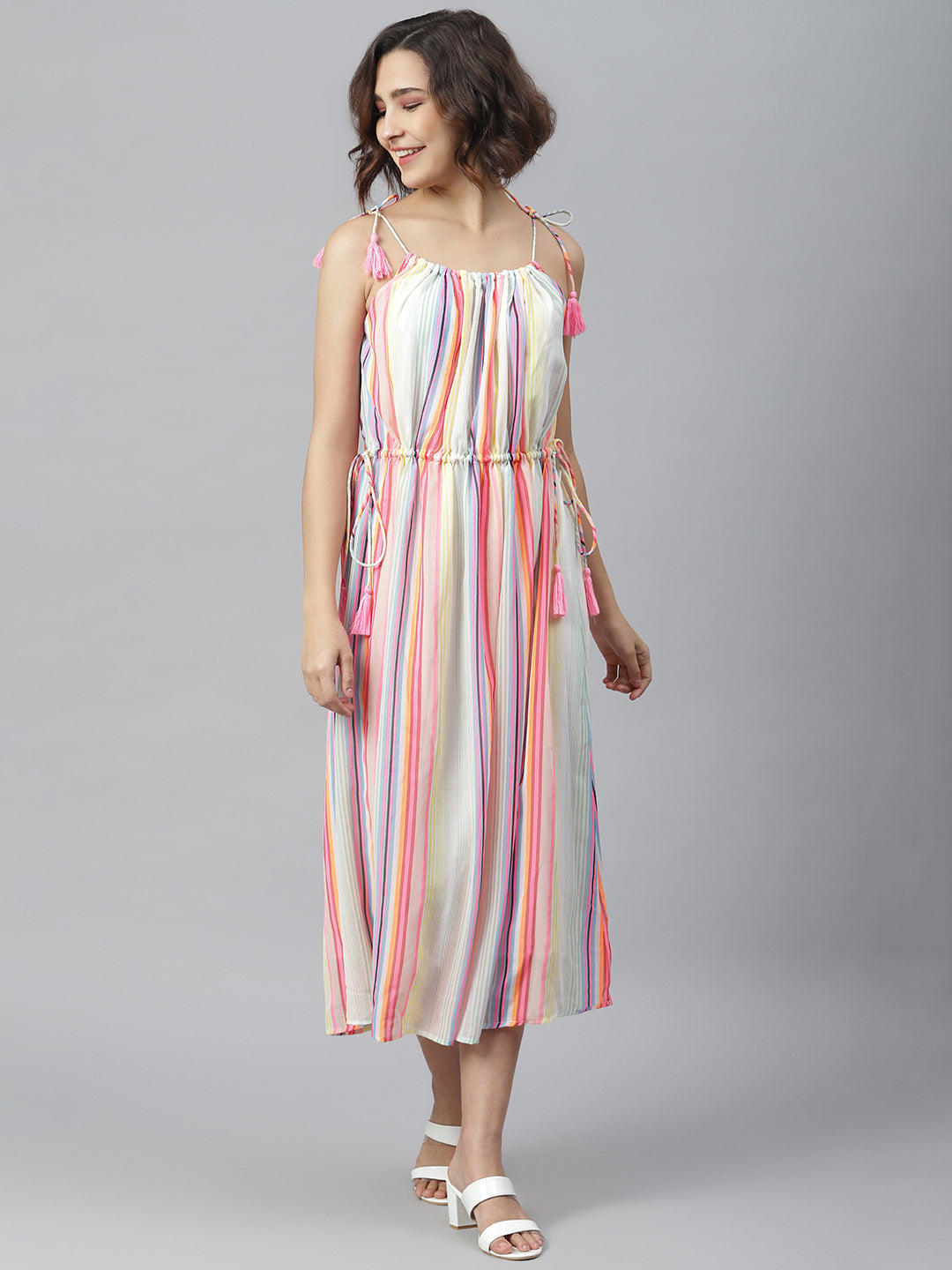 Women's Multi Coloured Tie Up Dress - StyleStone