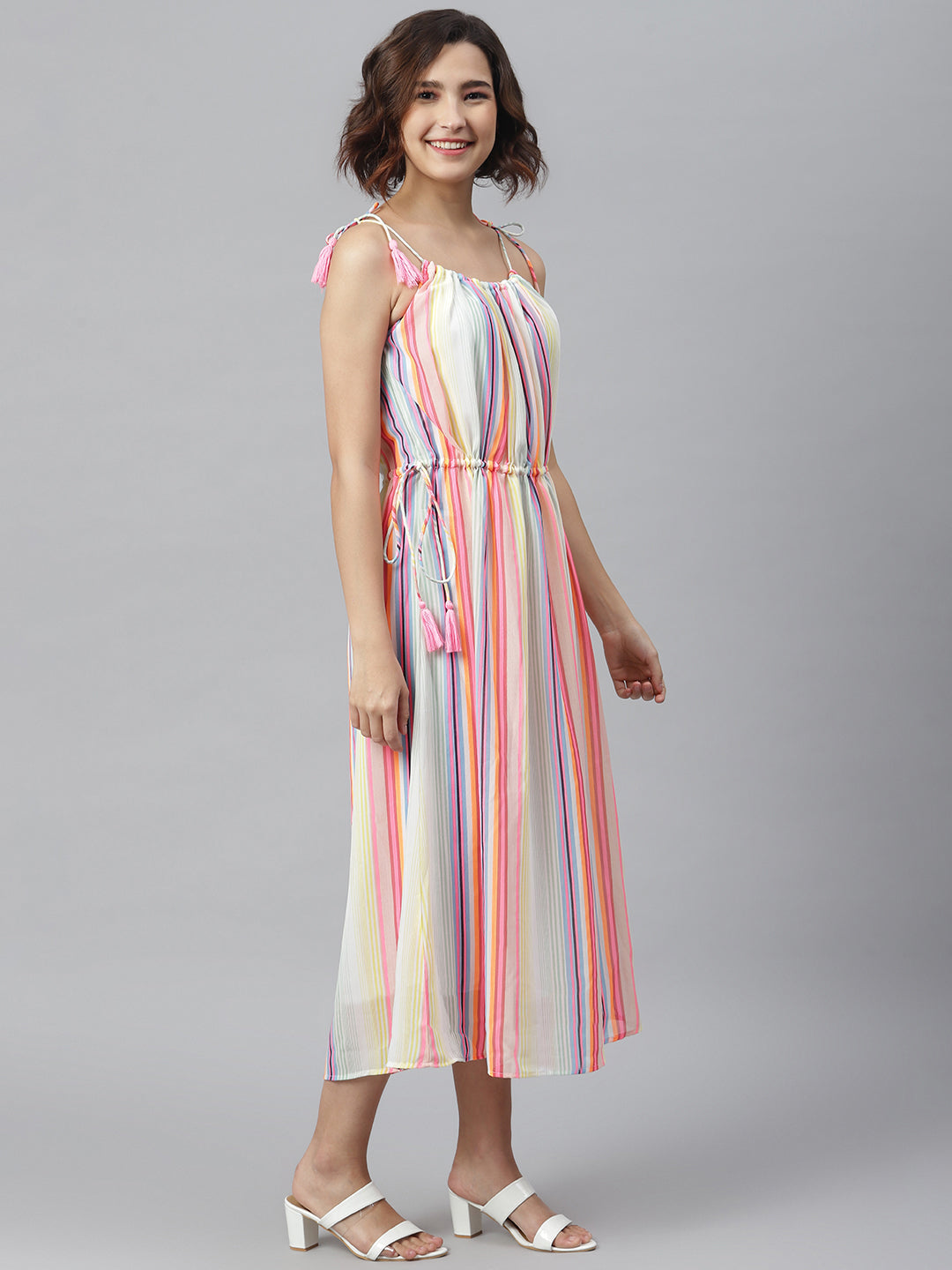 Women's Multi Coloured Tie Up Dress - StyleStone