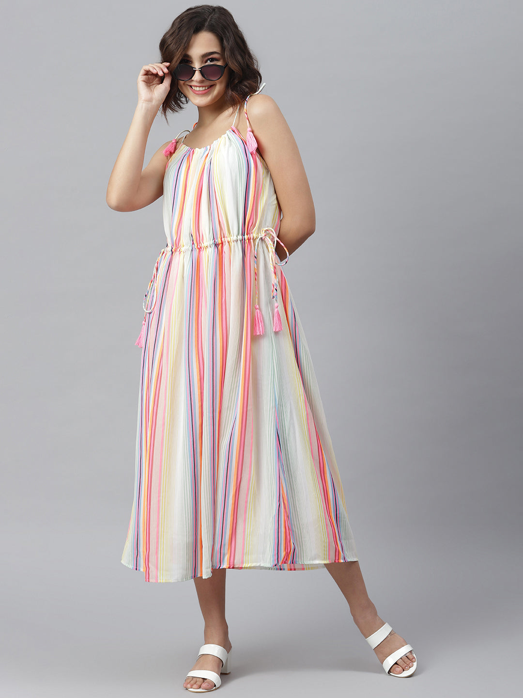 Women's Multi Coloured Tie Up Dress - StyleStone