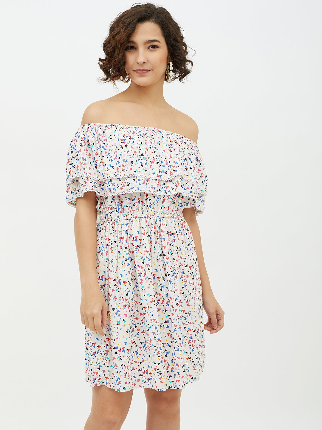 Women's Multi Heart Printed Off shoulder Dress - StyleStone