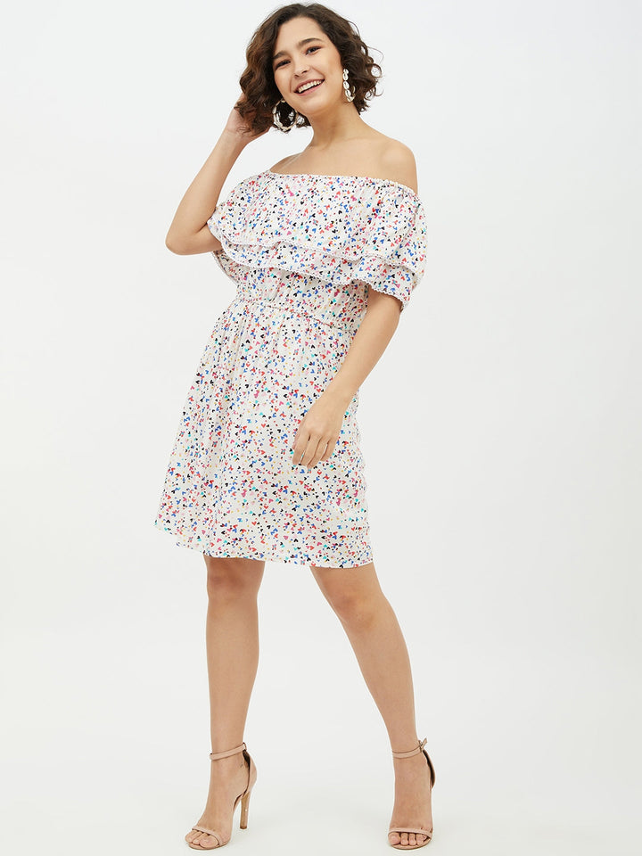 Women's Multi Heart Printed Off shoulder Dress - StyleStone