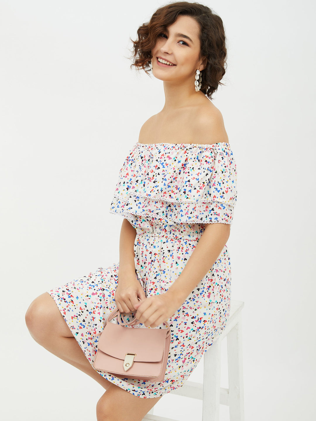 Women's Multi Heart Printed Off shoulder Dress - StyleStone