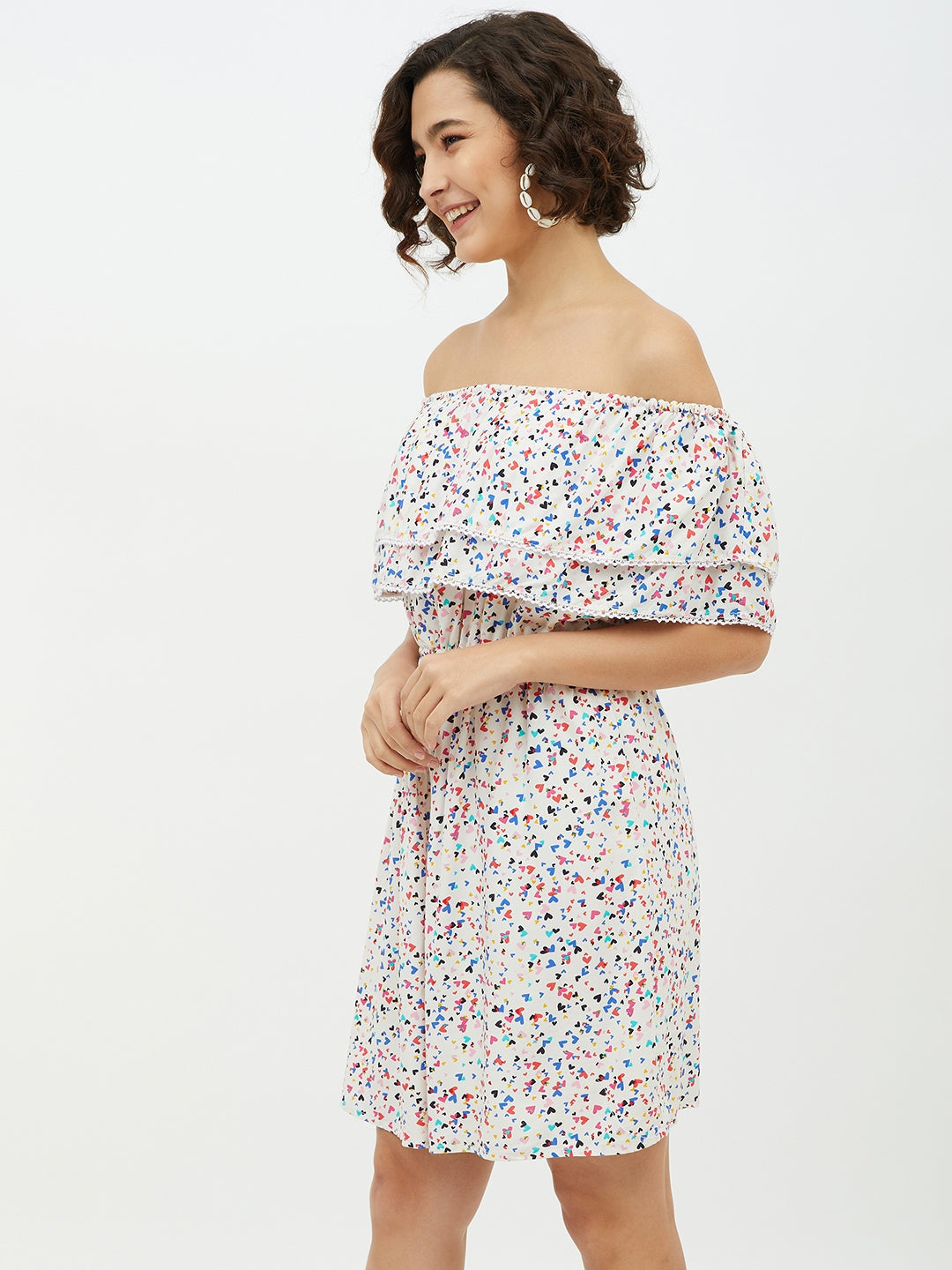 Women's Multi Heart Printed Off shoulder Dress - StyleStone