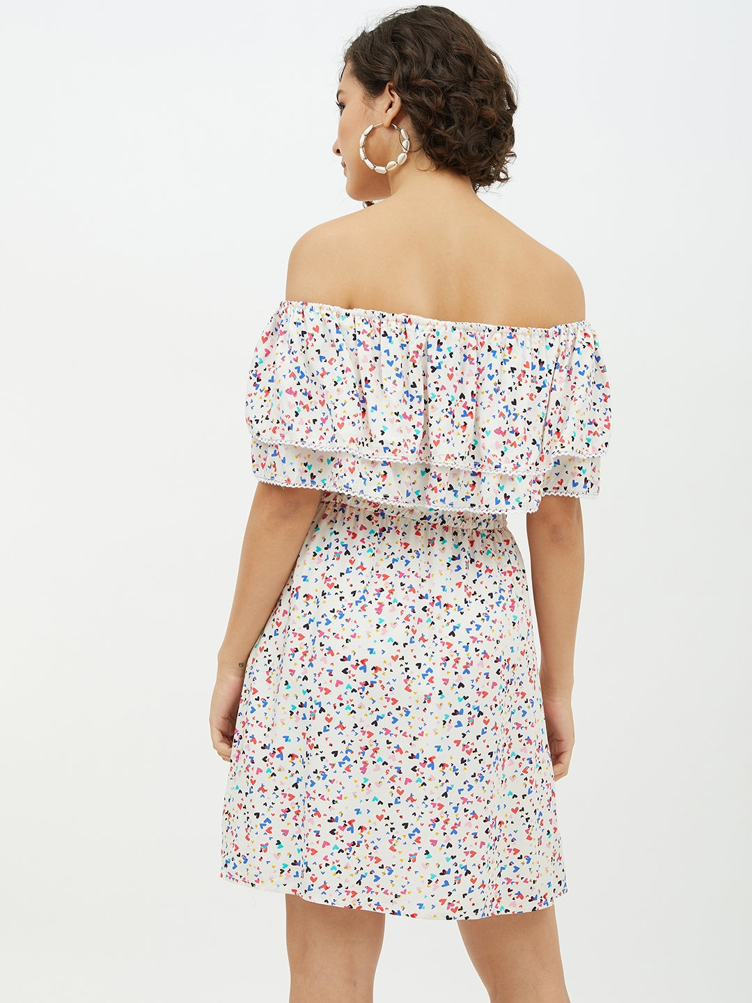 Women's Multi Heart Printed Off shoulder Dress - StyleStone