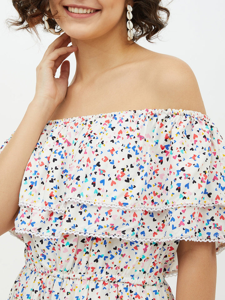 Women's Multi Heart Printed Off shoulder Dress - StyleStone