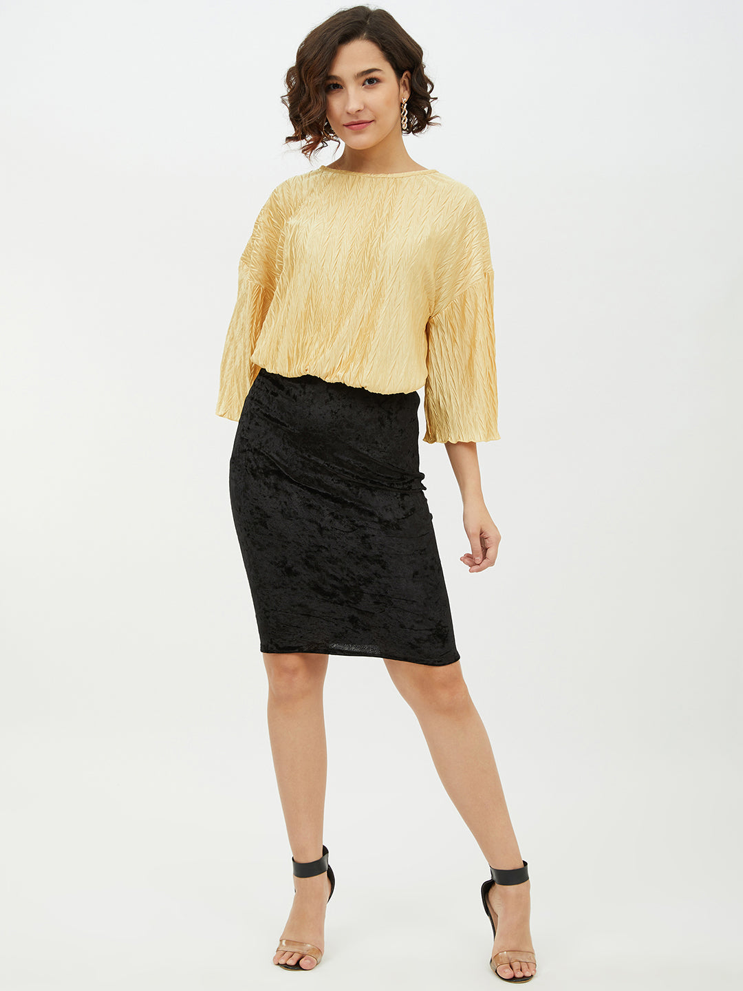 Women's Gold Polyester Satin Crinkle Pattern Top - StyleStone