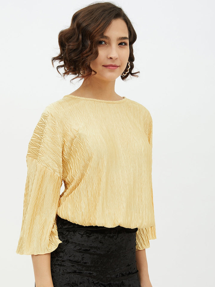 Women's Gold Polyester Satin Crinkle Pattern Top - StyleStone