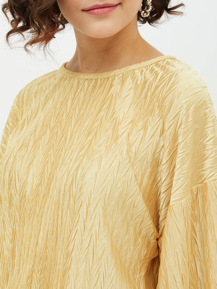Women's Gold Polyester Satin Crinkle Pattern Top - StyleStone