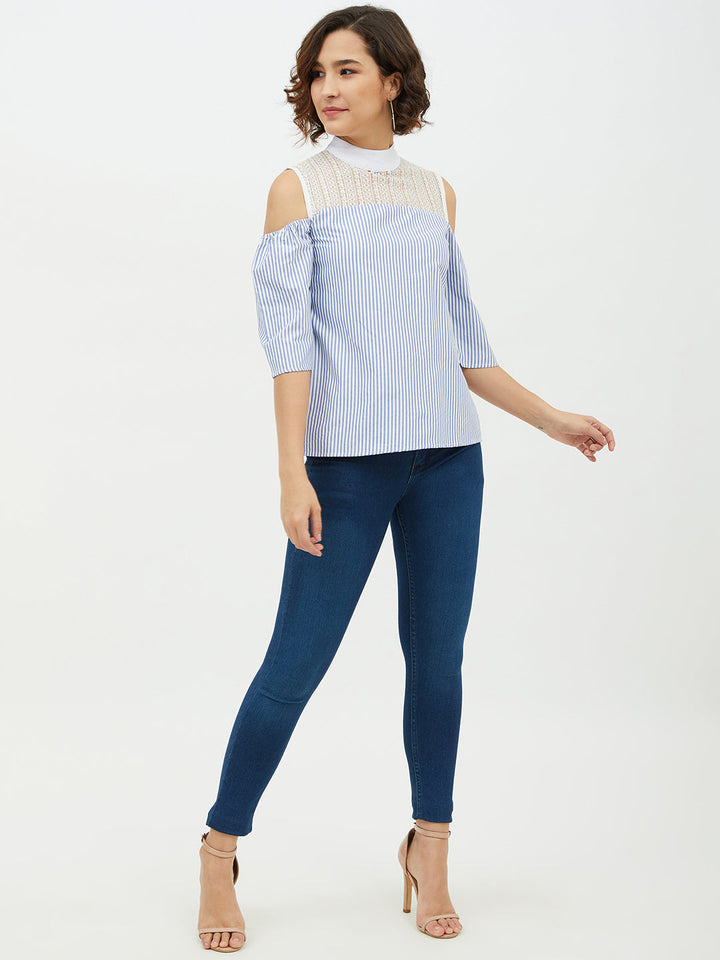 Women's Blue & White Cotton Stripe with Lace detail top - StyleStone