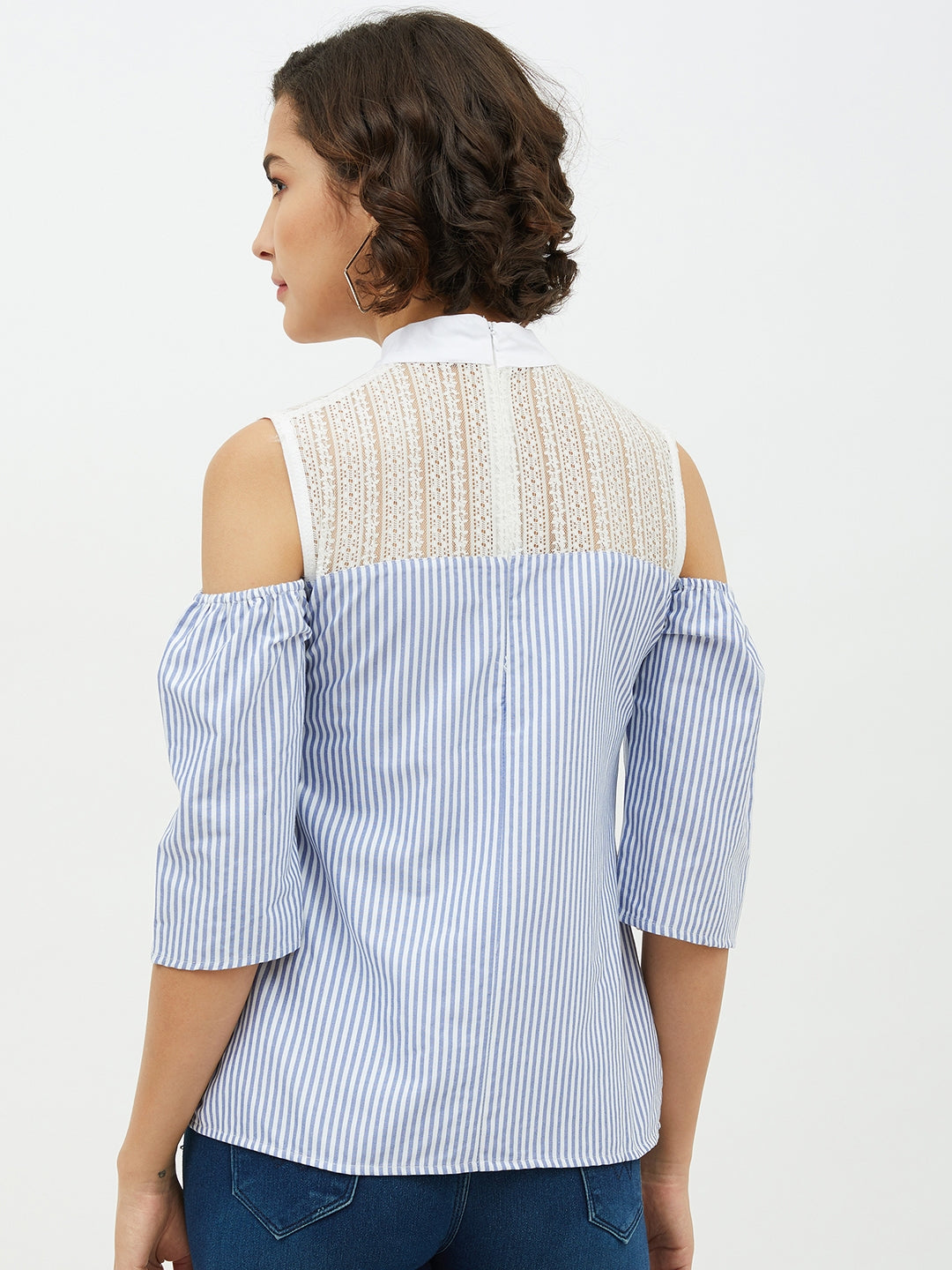 Women's Blue & White Cotton Stripe with Lace detail top - StyleStone