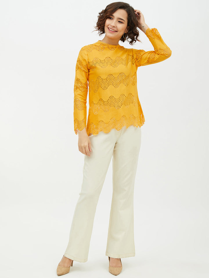Women's Yellow Self Detail Lace Top - StyleStone
