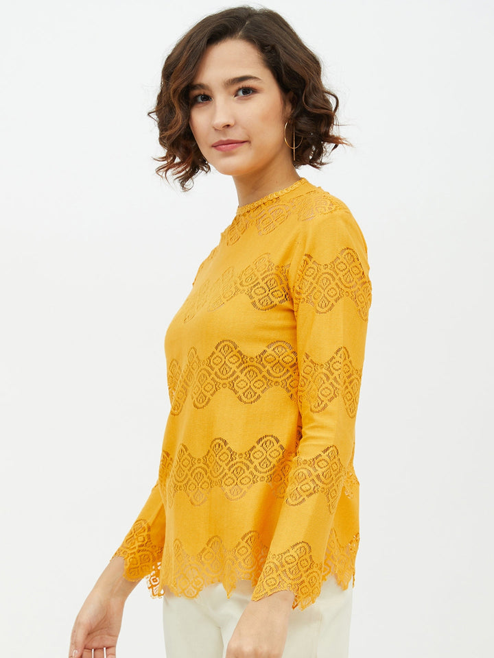 Women's Yellow Self Detail Lace Top - StyleStone