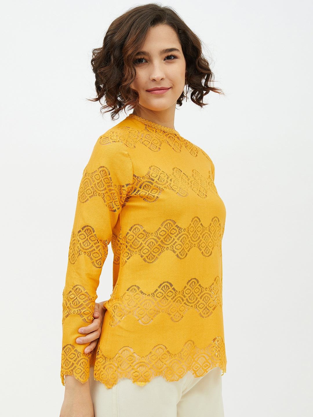 Women's Yellow Self Detail Lace Top - StyleStone