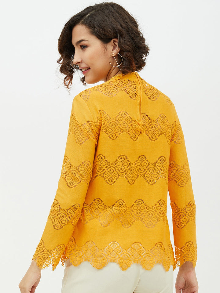 Women's Yellow Self Detail Lace Top - StyleStone