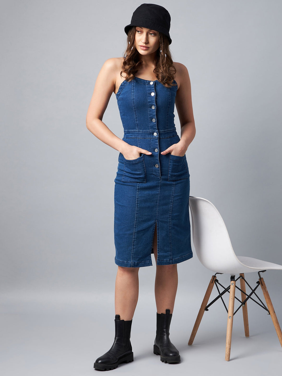 Women's Washed Blue Denim Lycra Fitted Dress - Stylestone Blackbeads Women's Washed Blue Denim Lycra Fitted Dress - Stylestone Blackbeads