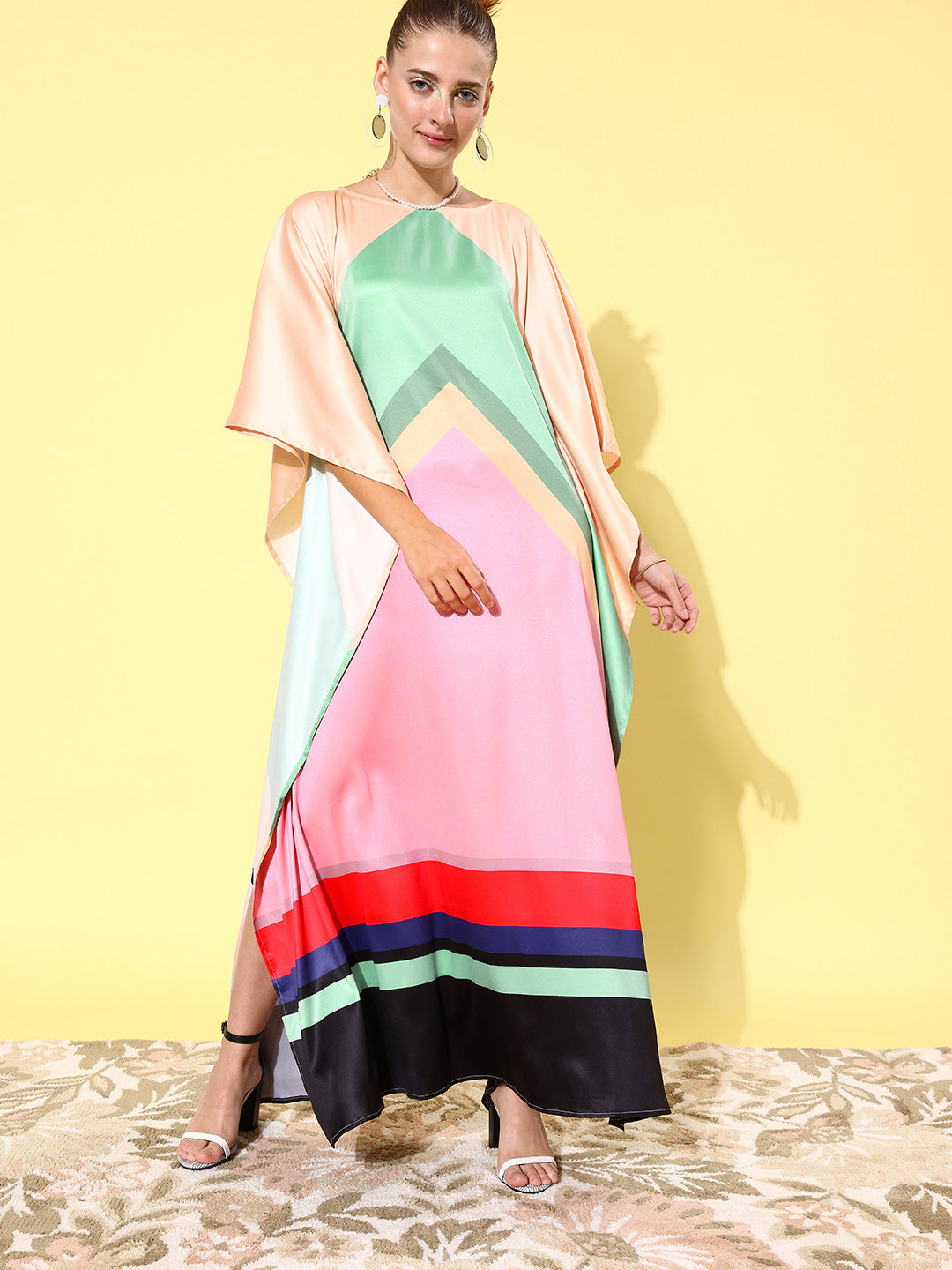 Women's Satin Multicoloured Kaftan Dress - StyleStone