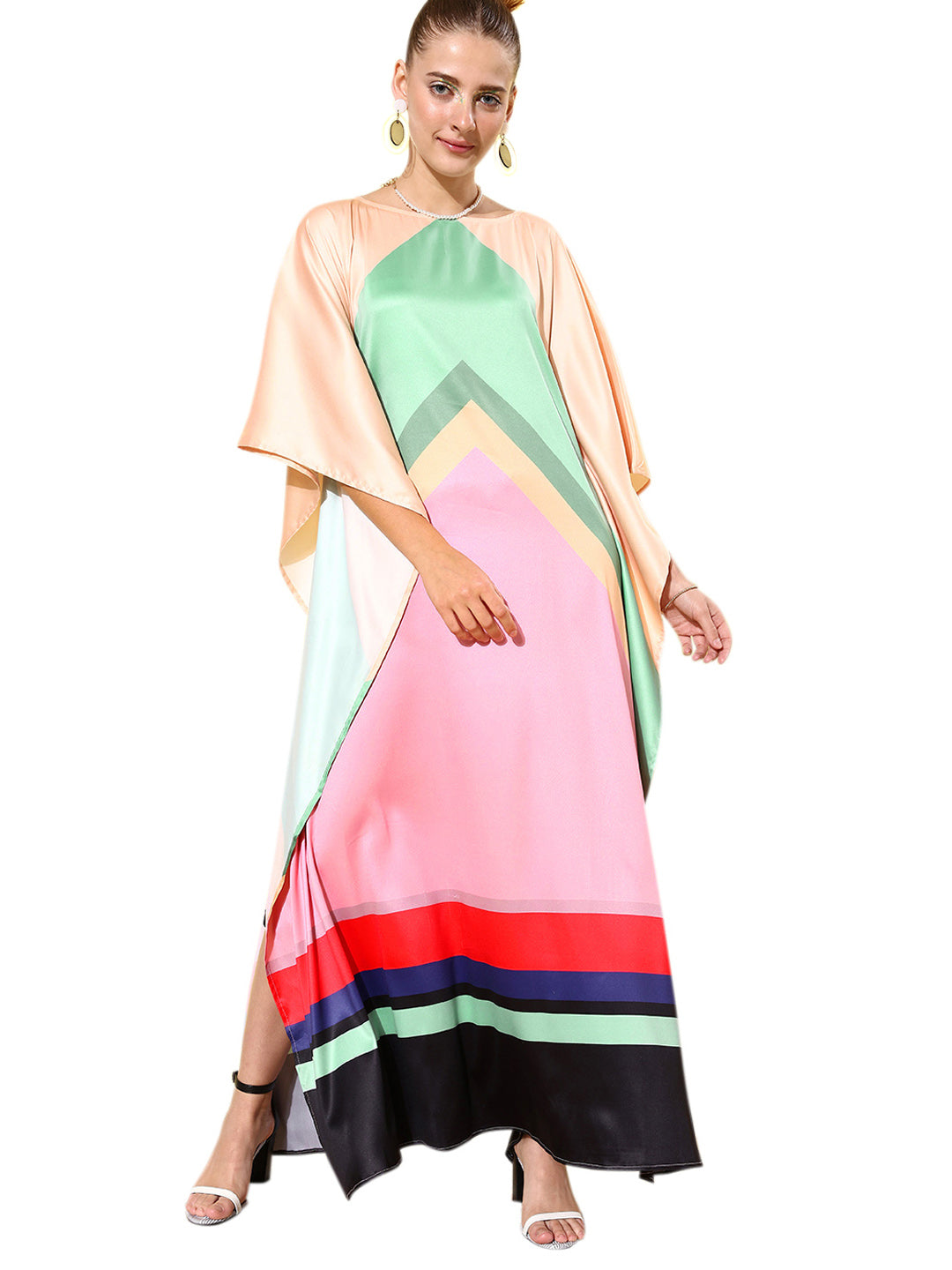 Women's Satin Multicoloured Kaftan Dress - StyleStone