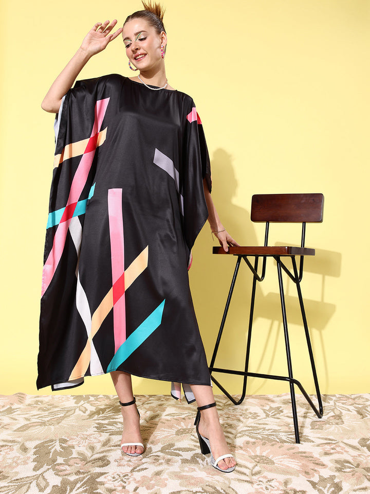 Women's Satin Black & Multicoloured Kaftan Dress - StyleStone