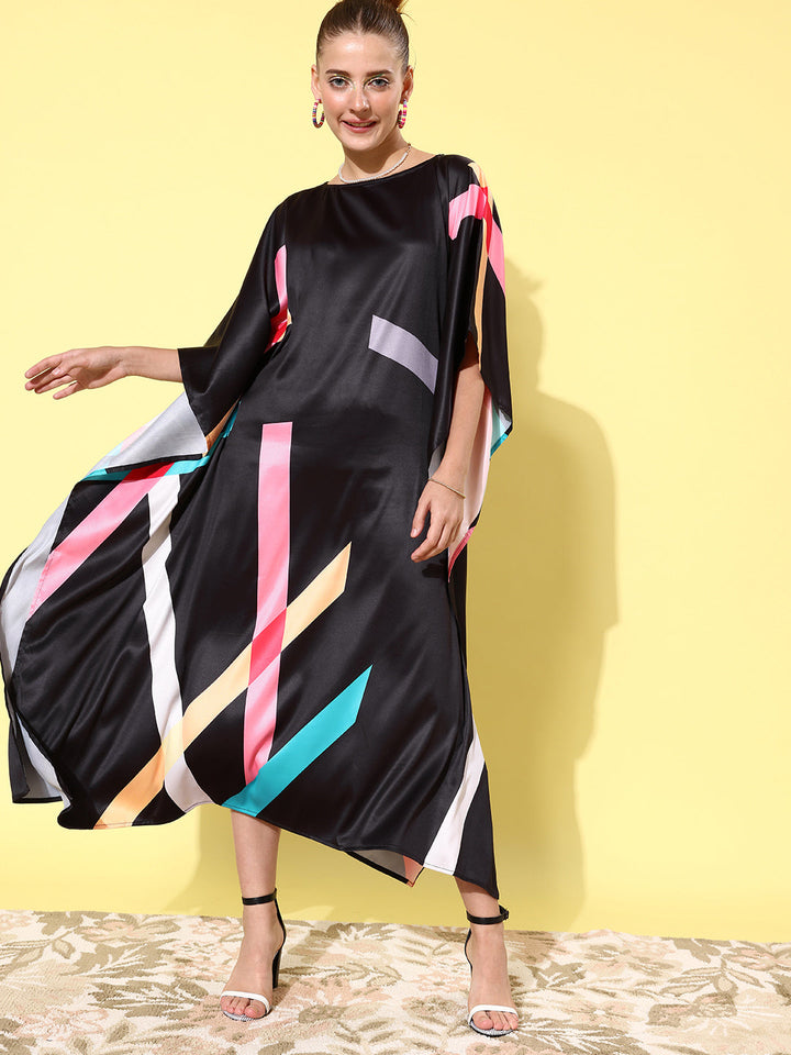 Women's Satin Black & Multicoloured Kaftan Dress - StyleStone