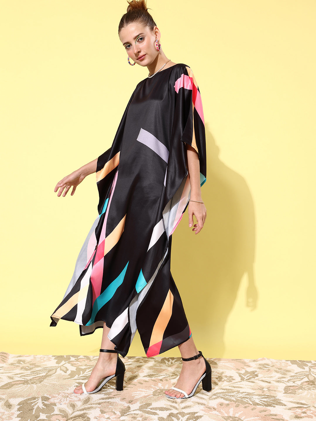 Women's Satin Black & Multicoloured Kaftan Dress - StyleStone