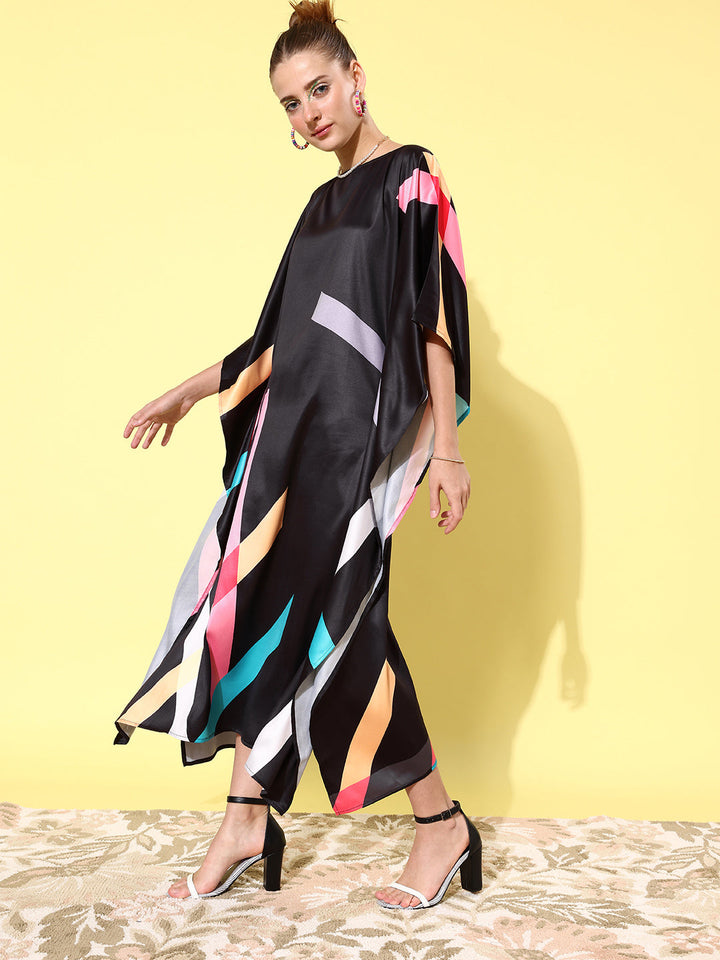 Women's Satin Black & Multicoloured Kaftan Dress - StyleStone