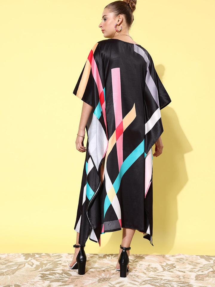 Women's Satin Black & Multicoloured Kaftan Dress - StyleStone