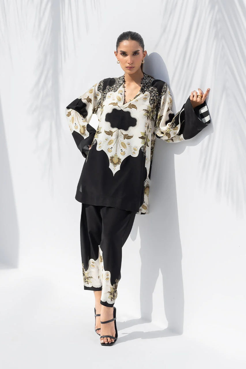 Women's Black Premium Soft Crepe Handwork Detailing On Neck Co-Ord Set