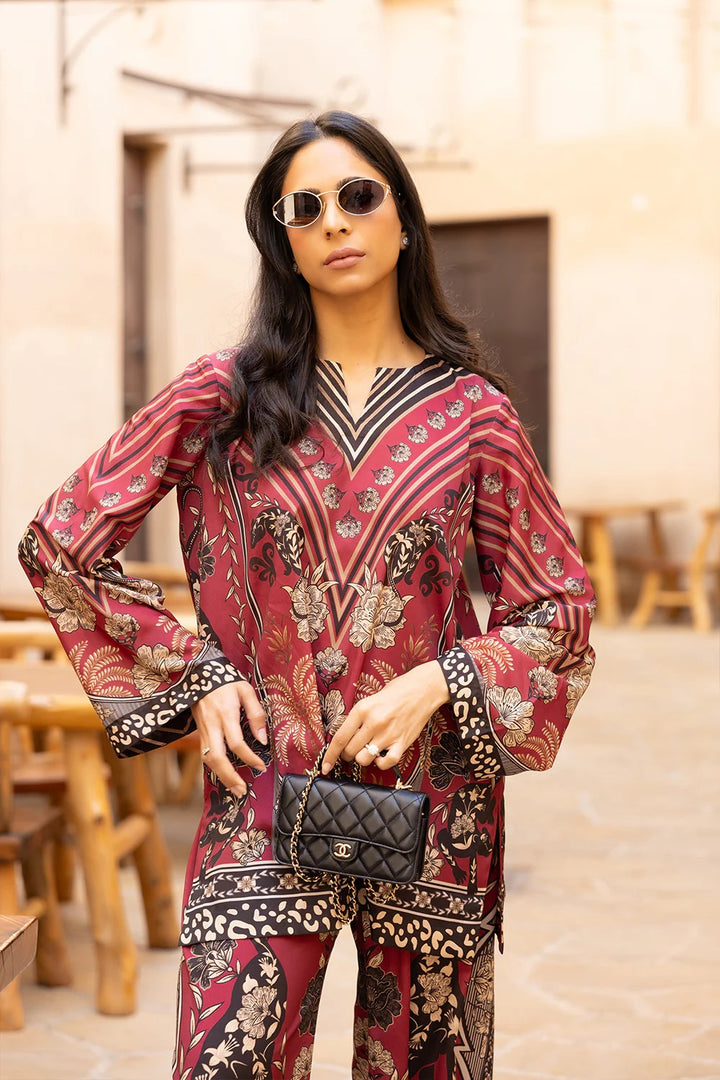 Women's Maroon Median Silk Crepe Printed Co-Ord Sets