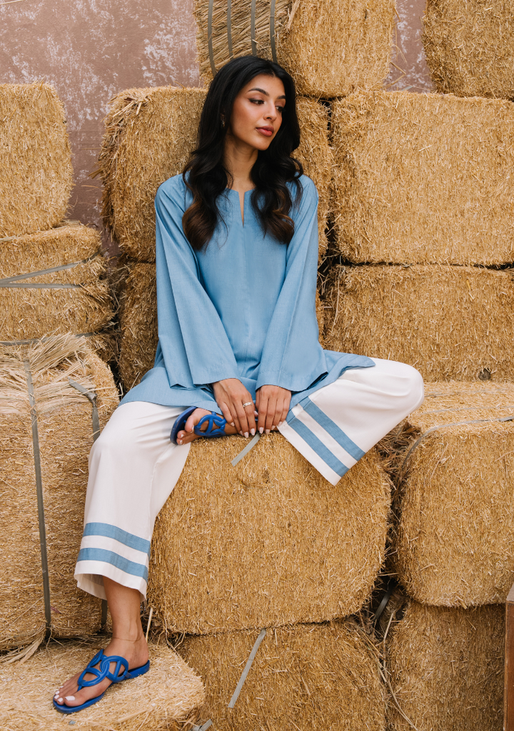 Women's Blue Silk Plain Tunic Set