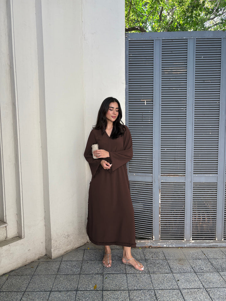Women's Brown Wrinkle Free Premium Crush Crepe Fringe Detailing Co-Ord Set