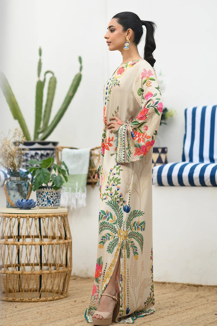 Women's Cream Premium Soft Crepe Floral Print Kaftan