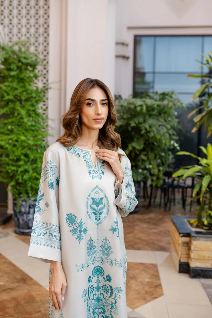 Women's Cream Cotton Satin Blend Floral Print Kaftan Set